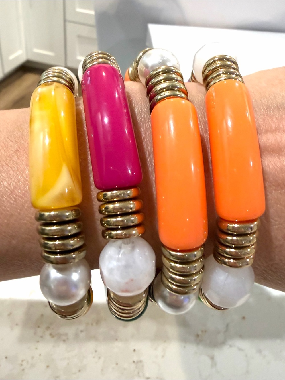 Multi-Color Beaded Stretch Bracelet Set - Green, Orange, Yellow, Pearl 4 pack